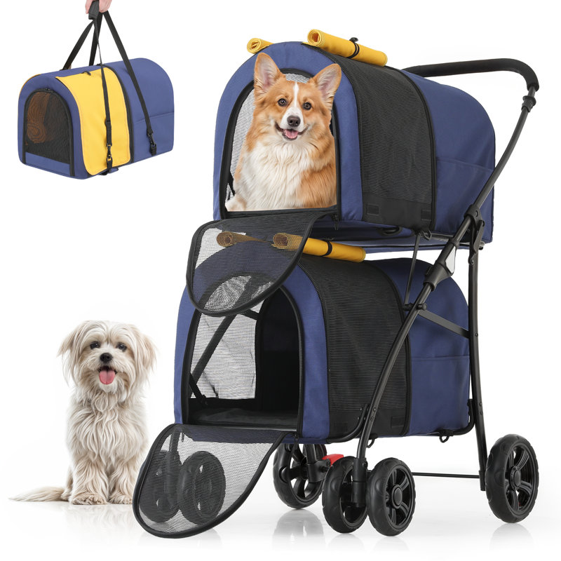 Foldable Pet Stroller with Double Detachable Carriers, Folding Dog Cat Jogger Stroller with Tether, Blue/Yellow