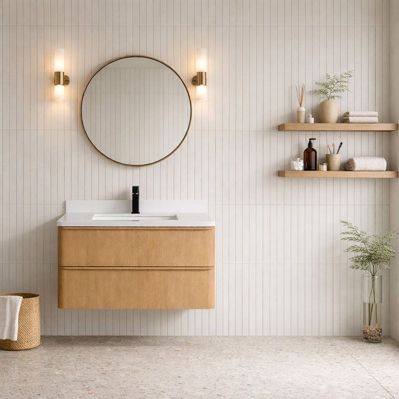Meuble-lavabo flottant simple 36 po avec plateau en quartz Bueche