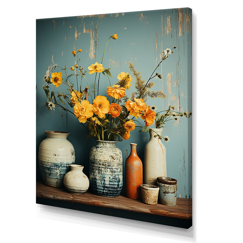Art floral mural, poterie rétro jaune, Toile tendue, H 32 po x l 24 po
