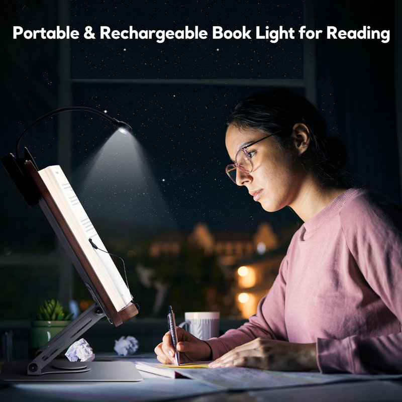 Book Stand For Reading With 360° Rotating Base, Adjustable Book Holder Cookbook Stand For Desk With Book Light, Foldable Desktop Stand For Textbook, Recipe, Sheet Music, Laptop
