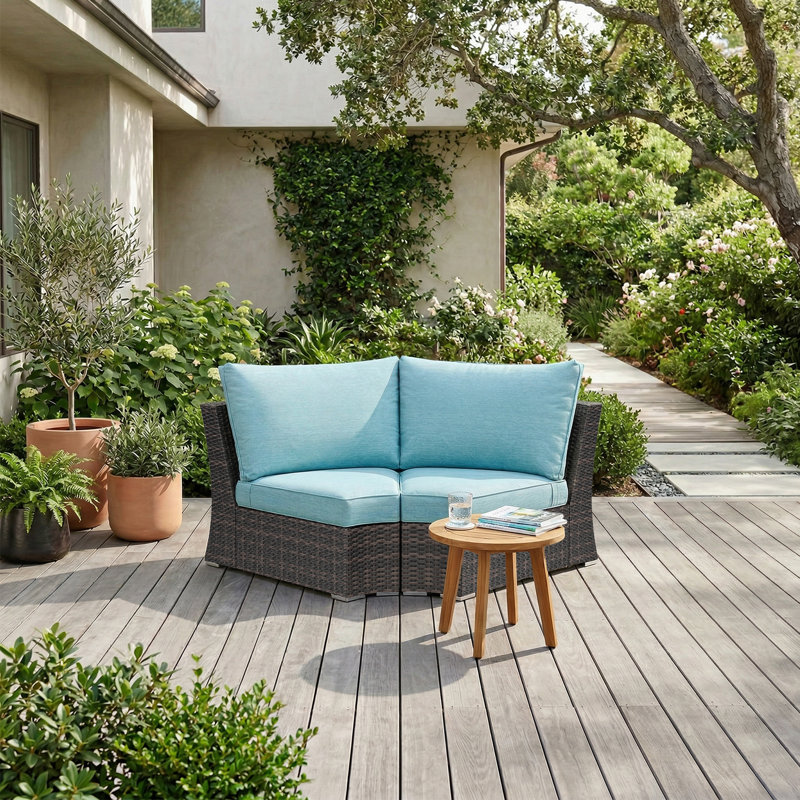  Canapé de coin en rotin pour terrasse 36 po x 36 po x 30 po, Coussin turquoise / cadre brun foncé