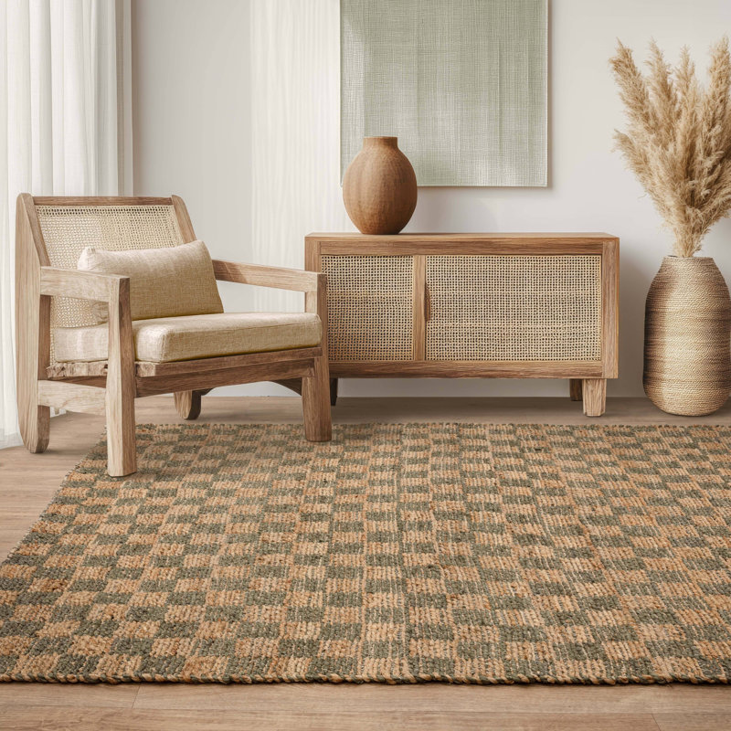Merrisa Jute Checker Area Rug, Rectangle 160 x 230 cm, Green