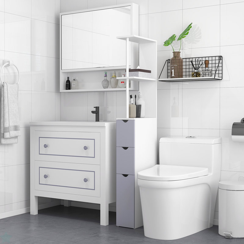 Armoire de rangement pour salle de bain de 54 po de hauteur, tour à linge autoportante avec tablette à 2 niveaux et tiroirs, rangement de plancher étroit