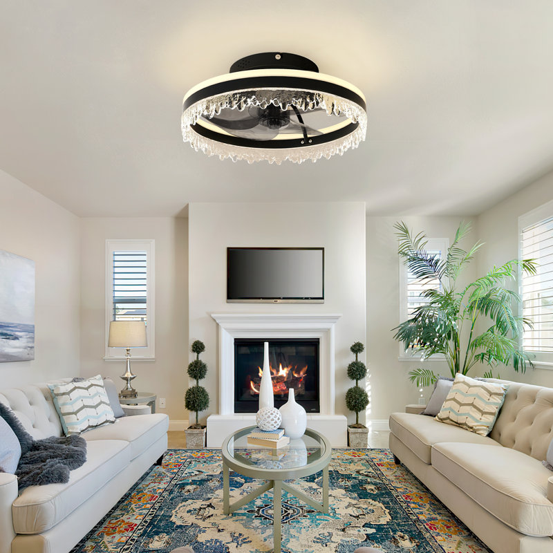 16" Black Modern LED Ceiling Fan Light With Remote & Crystal Design, 16"