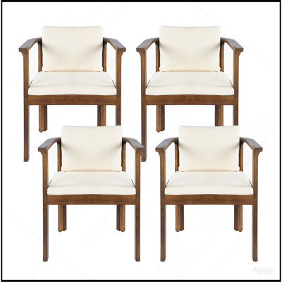 Ensemble de 4 chaises de salle à manger d'extérieur avec accoudoirs courbés en bois d'acacia, finition brune et coussins crème