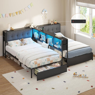 Lits simples avec séparateur de bibliothèque, base de lit avec 2 grands tiroirs, tête de lit tapissier avec rangement caché, station de charge et lumières à DEL, lit plateforme en métal, aucun sommier nécessaire, noir