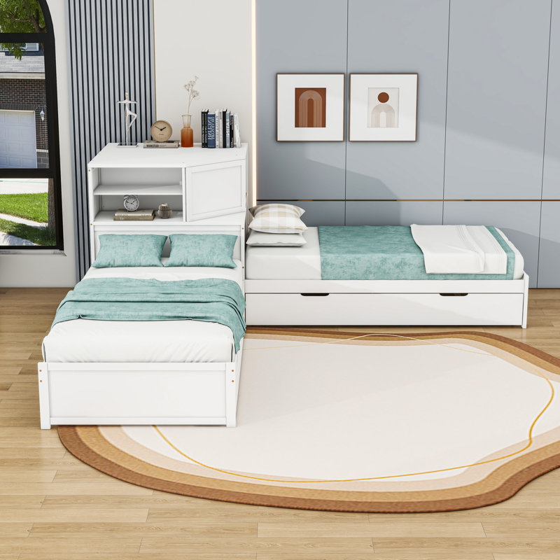 Lit plateforme simple en L avec lit gigogne simple et tiroirs de rangement, tablettes, Blanc