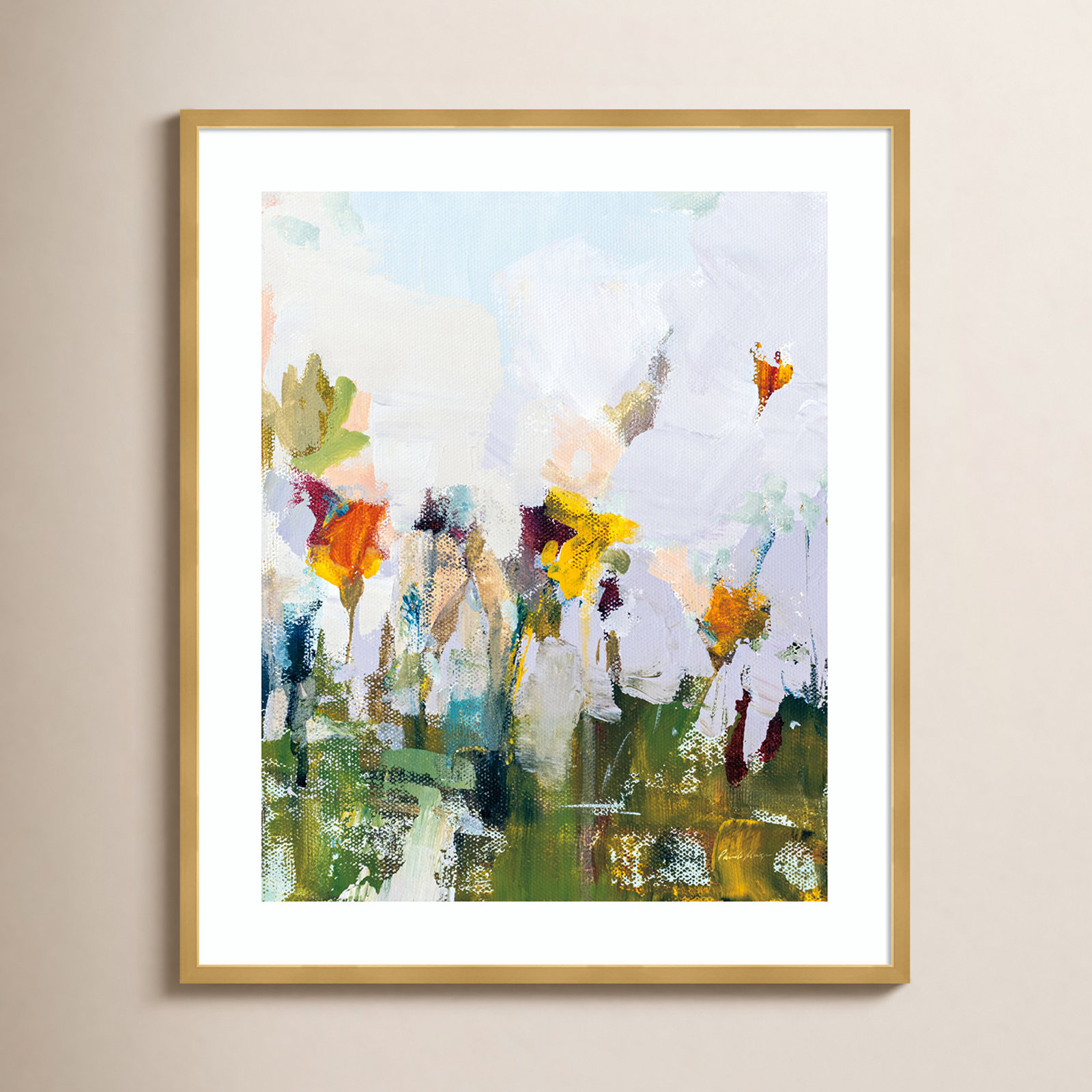 Spontaneous Summer Flowers Painting, 33.25" H x 27.8" W x 0.88" D, Gold