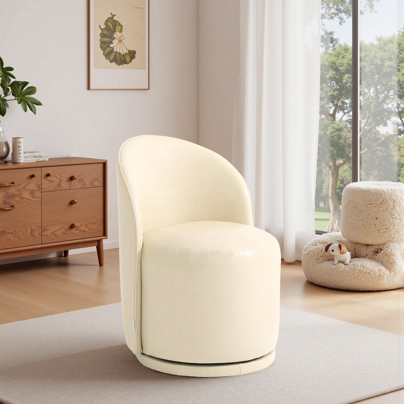 Upholstered Modern Cream Faux Leather Barrel Swivel Side Dining Chair, Cream