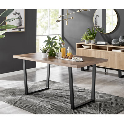 Kylooe Modern Brown Wood And Black Metal Dining Table Set With 6 Soft Touch Faux Leather Chairs