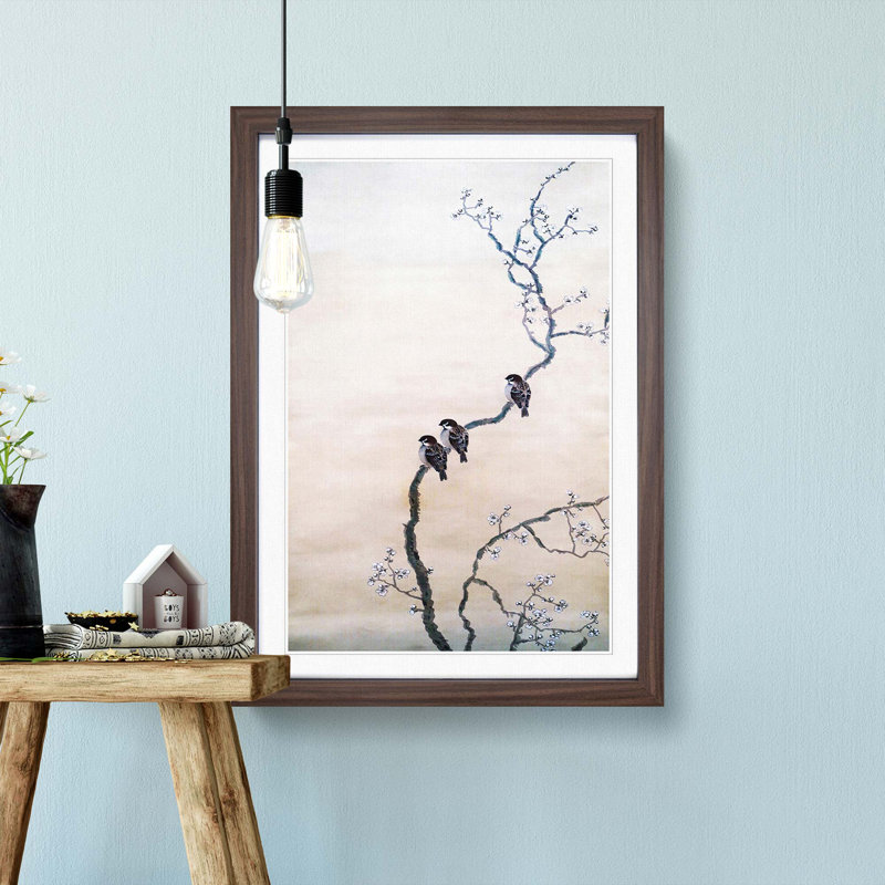 Three Birds on a Branch by Hishida Shunso - Picture Frame Painting Print, 65cm H x 48cm W x 2cm D, Walnut Framed
