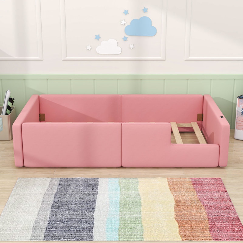 Lit plateforme simple tapissier avec garde-corps et station de charge, Rose