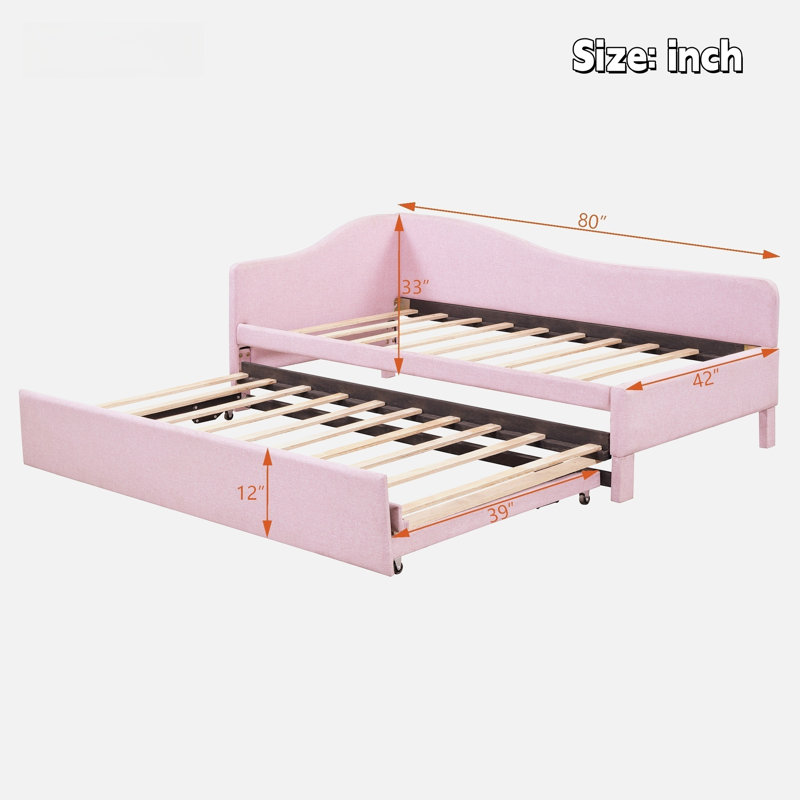 Upholstered L-shaped Upholstered Daybed With Pop Up Trundle, Pink