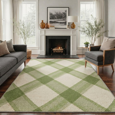 Coady Modern Diagonal Check Machine Washable Sage Indoor Area Rug With Non-Slip Backing