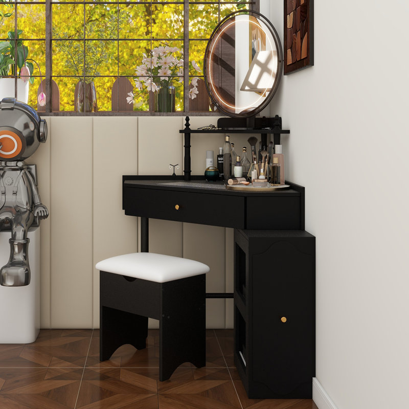Ensemble de meuble-lavabo de coin avec tabouret de rangement rembourré et station de charge, bureau de maquillage triangulaire avec armoire latérale amovible, bureau de coiffeuse en verre avec tiroir et tablette, noir