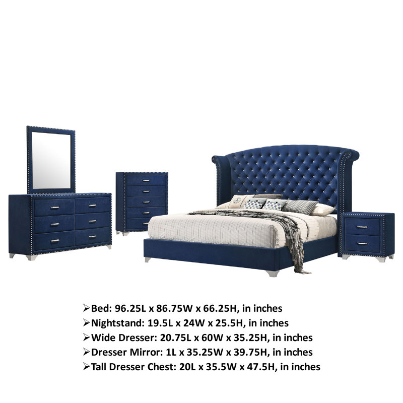 Ensemble de chambre à coucher pour très grand lit 5 pièces Giya, revêtement classique en velours bleu foncé touffeté, King