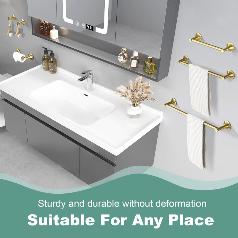 6 - Piece Bathroom Hardware Set, Brushed Gold, 3" H x 22" W x 3" D