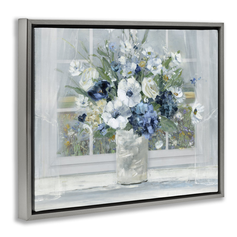 Cadre flottant bleu hortensia et anémone, design par Sally Swatland, Cadre flottant gris lustré, H 17 po x l 21 po