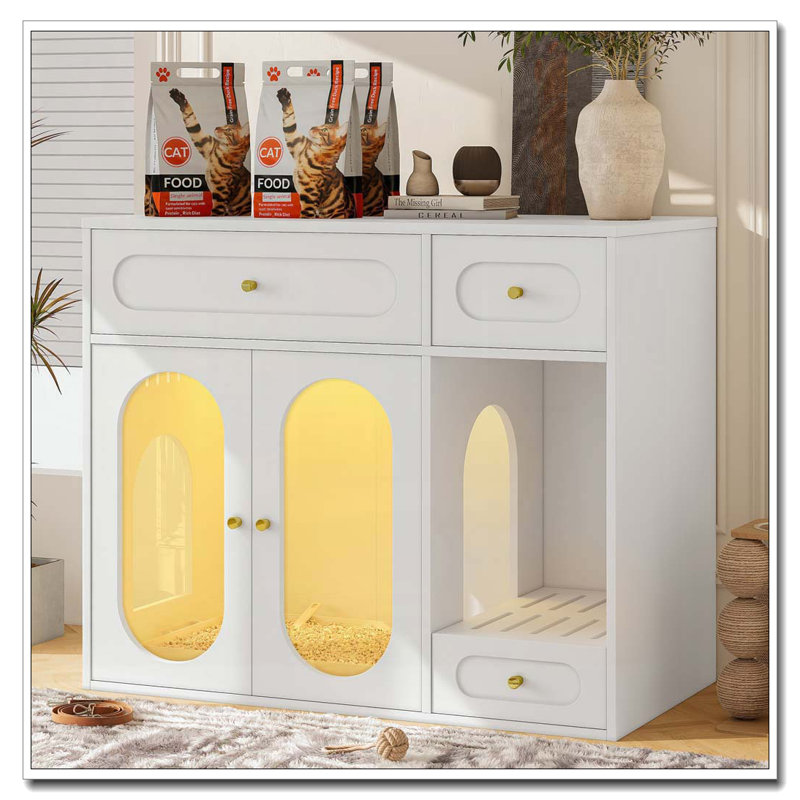 Cat Litter Box Enclosure with LED Light, White-1