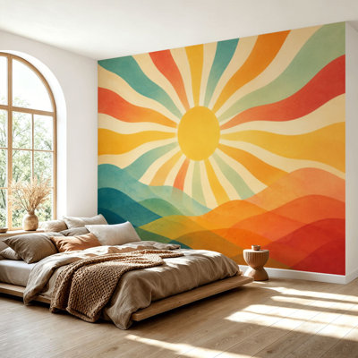 Wall Mural Peel and Stick Wallpaper Vintage solar boho style Retro 70s style wall sunrise rainbow Minimal Self-Adhesive Removable Contact Paper Wall Decor for Living Room Bedroom 69"H x 96"W