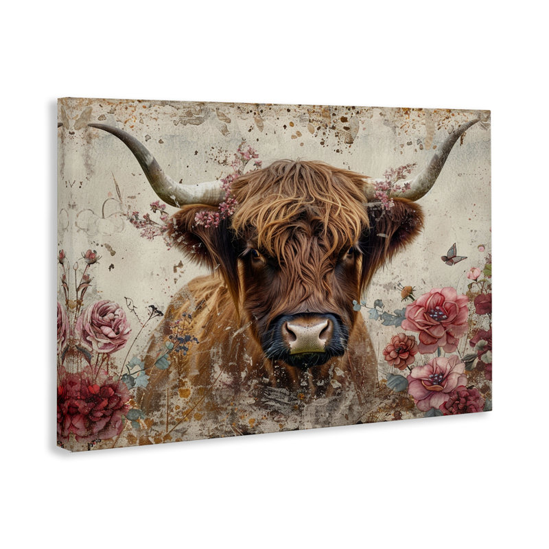  Art mural sur toile Highland Cow in Spring par LSR Design Studio, H 16 po x l 24 po