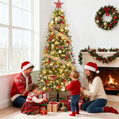 Arbre de Noël artificiel épinette enneigé 7,5 pi avec lumières incandescentes - Conception compacte et compacte - Support pliable