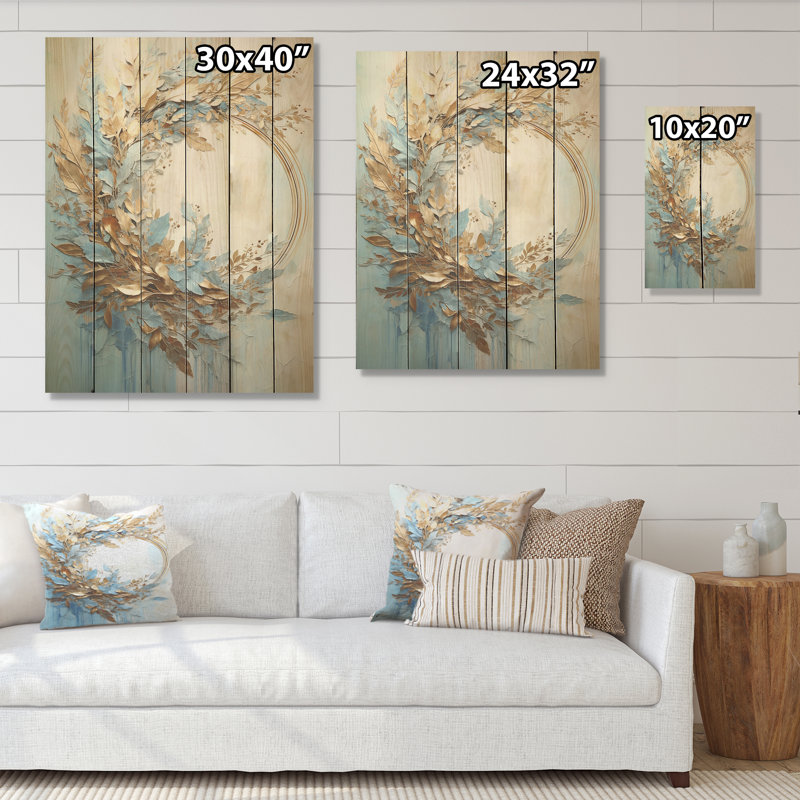 «Blue and Gold Wreath Flower», art mural en bois sur bois de pin naturel, H 20 po x l 10 po