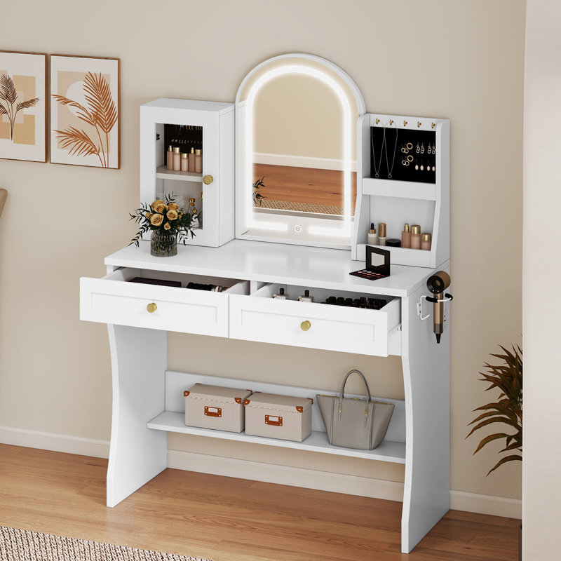 35.5" W Makeup Vanity With Led Lighted Mirror And Power Outlet, White