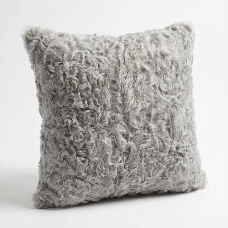 Curly Kalgan Lambskin Throw Pillow with Feather Down Insert, Light Gray, 17" x 17"