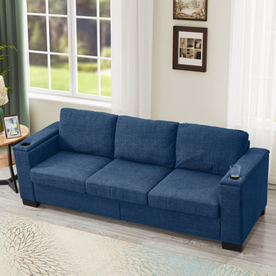 Modern 93.7" With Square Arms, Cup Holder, And Storage In Blue , Good Resilience Cushion Arm Holder Storage, Upholstered Solid Wood Rubber Structure