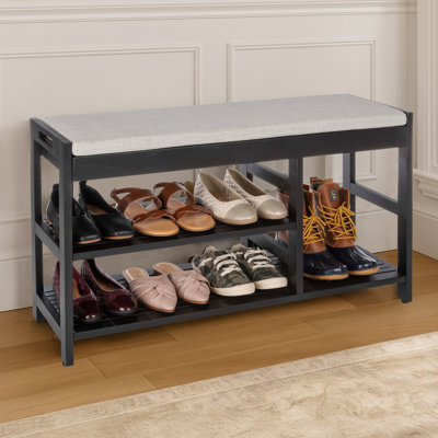Shoe Bench - 3-Tier Wooden Shoe Rack for Entryway, Mudroom, or Bedroom - Entryway Shoe Storage with Padded Seat Cushion (Black)