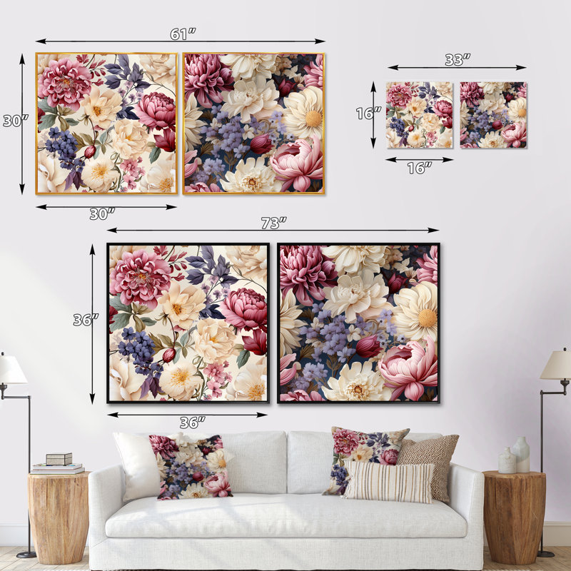 Hadden - Ensemble de 2 collages carrés floraux, Cadre flottant noir, H 16 po x l 33 po
