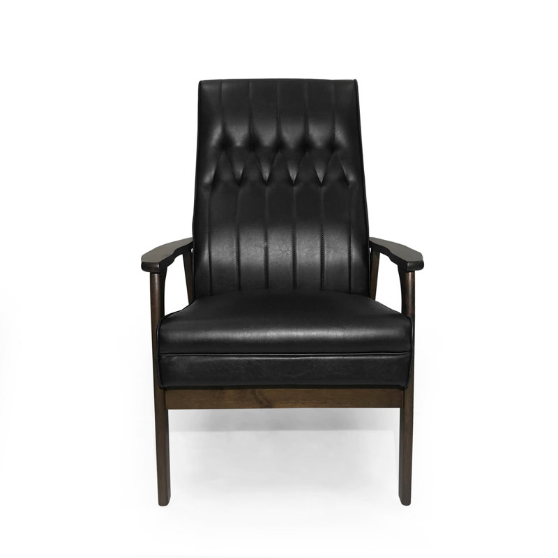 Mid Century Modern Upholstered Accent Chair, Faux Leather, Matte Black
