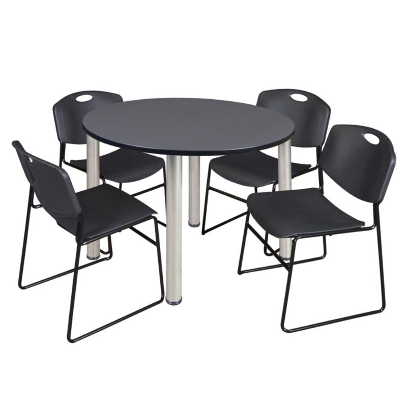 Plateau de table Niaya, 4 chaises empilables, Gris, Chrome