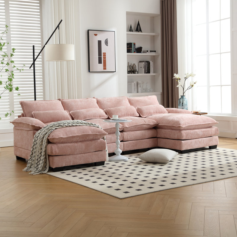 Canapé modulaire en chenille avec mousse résiliente et base en bois éponge relaxante, Rose