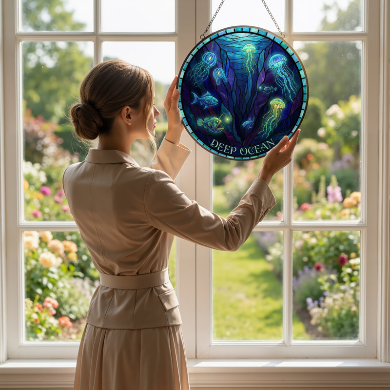 7.8"H Deep Ocean Stained Glass Window Panel, 7.8" H x 7.8" W