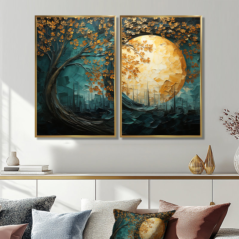 Golden Emerald Forest I - impressions sur toile modernes à 2 panneaux, 36" H x 48" W, Impression encadrée flottante, Gold
