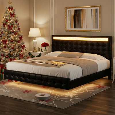 Bocar PU Upholstered Floating Bed with Tufted, White or Black