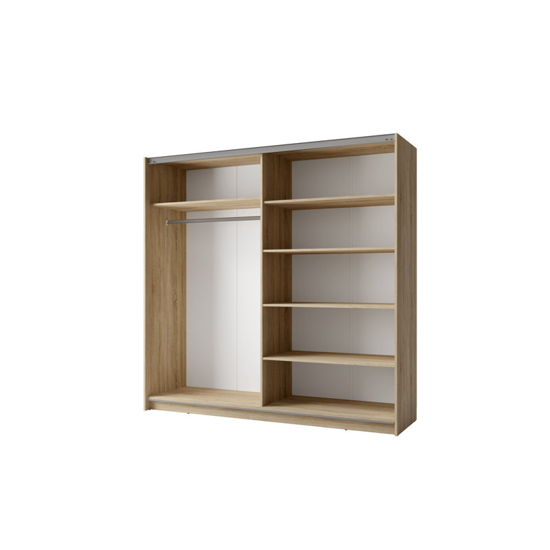 Blockus 2 Door Sliding Wardrobe with mirror, shelves and clothes rail, Oak