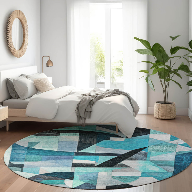 Machine Washable Indoor/Outdoor Xhevrie Teal Rug, Round 8'