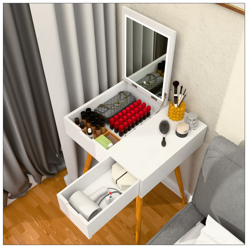 Petite coiffeuse de maquillage, bureau avec 2 tiroirs, organisateur de miroir rabattable, coiffeuse de maquillage pour chambre à coucher, vestiaire