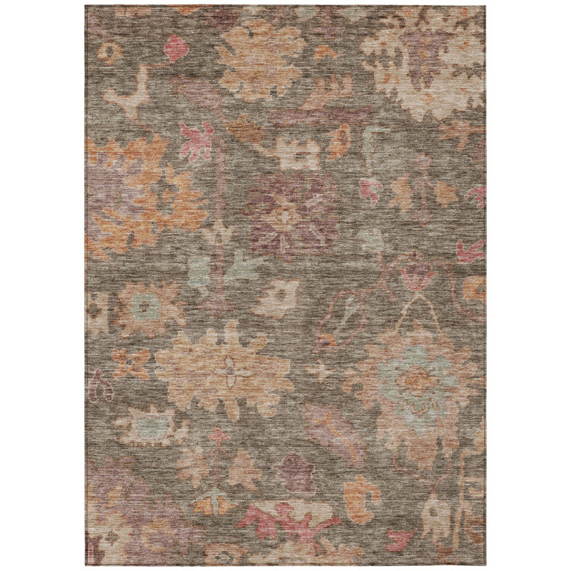 3' X 5' Brown Tan And Terra Cotta Floral Washable Indoor Outdoor Area Rug