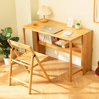 Foldable Bamboo Desk with Storage Shelf | Space-Saving Study Desk for Small Spaces, Home Office, Dorm Room, Bedroom & Apartment | Sturdy Portable Writing Table, Natural Finish