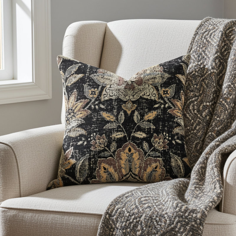 Oreiller luxueux en fleur de Lotus noir, 20 po x 36 po, Coussin lombaire