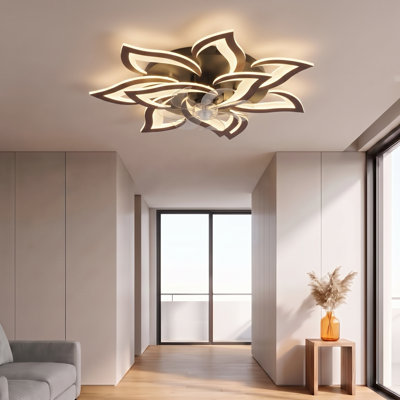 32" Rustic Modern Tiered Flower Ceiling Fan with LED Light and Remote (Walnut)