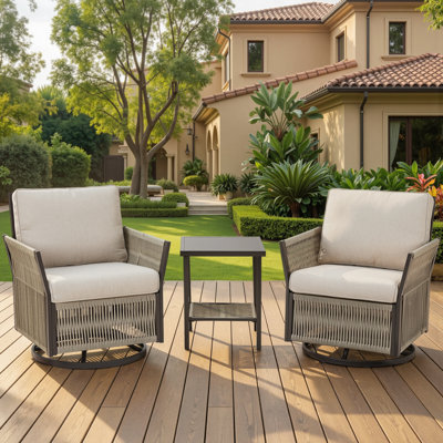 Ensemble de 3 chaises pivotantes en osier avec table d'appoint