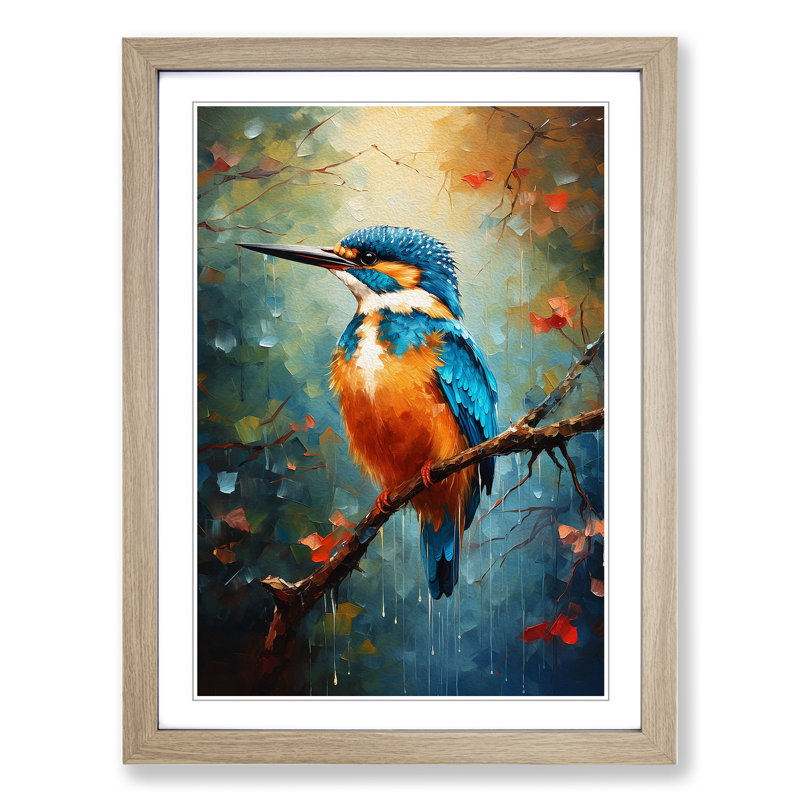 Kingfisher Impressionism No.2 - Single Picture Frame Print on Wood, Oak, 34cm H x 25cm W x 2cm D