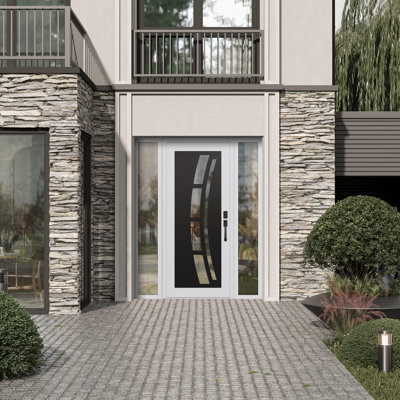 C12 Left-Hand 68 In. X 80 In. Panel Black Steel White And White Clear Glass With 2 Sidelites Clear Glass Prehung Front Entry Door
