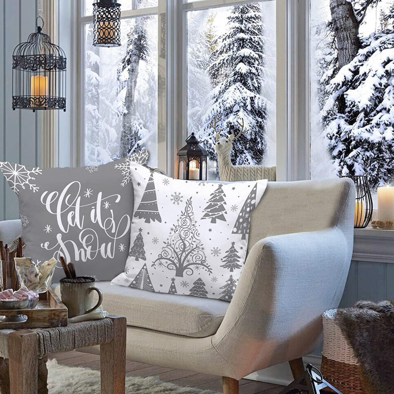 Ensemble de 4 housses de coussin blanches et grises de Noël 18 x 18, housses de coussin décoratives en forme de flocon de neige gris d'hiver de 18 pouces pour chambre à coucher