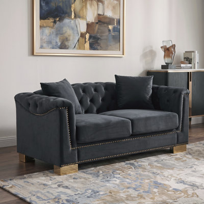 Velvet Chesterfield Sofa with Tufted Back and Arms, Nailhead Trim, Removable Cushions, Solid Wood Frame, Living Room Sofa